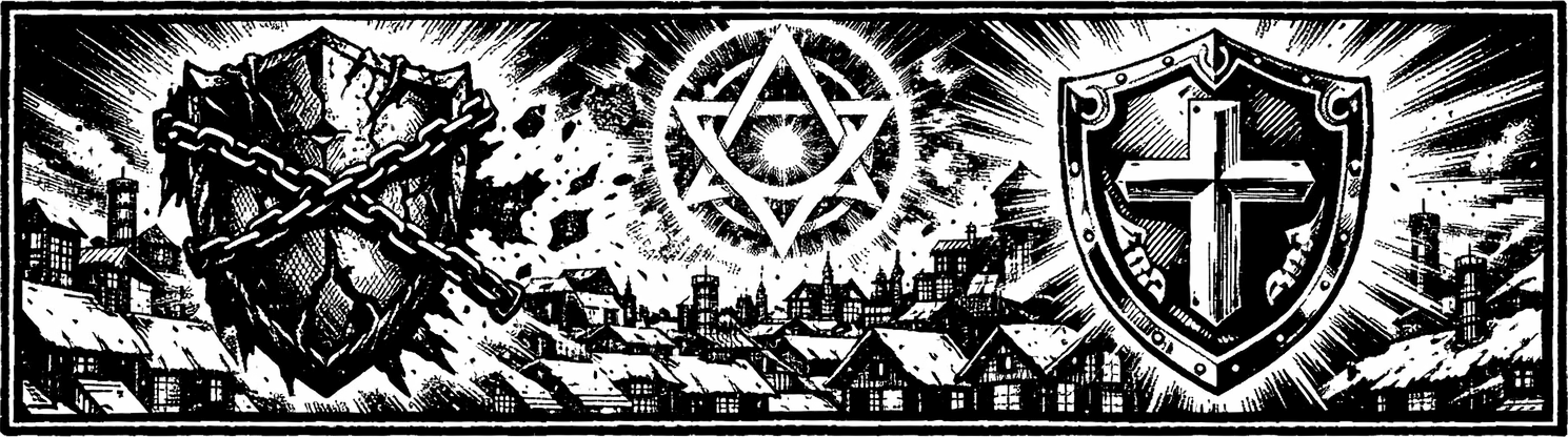 Ink frieze of the Cursed Shield transforming into the Paladin's Shield over Narshe's snow, with the Ultima glyph rising behind it