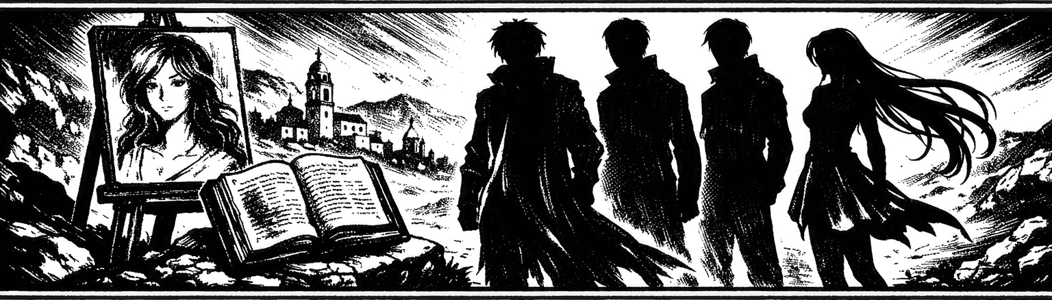 Ink frieze of Lacan's unfinished portrait of Sophia, the Zohar, and four identical silhouetted figures in a receding row