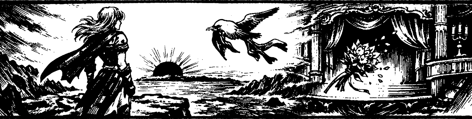 Ink frieze of Celes on the island cliff, a seagull carrying a bandana, and the opera stage behind her