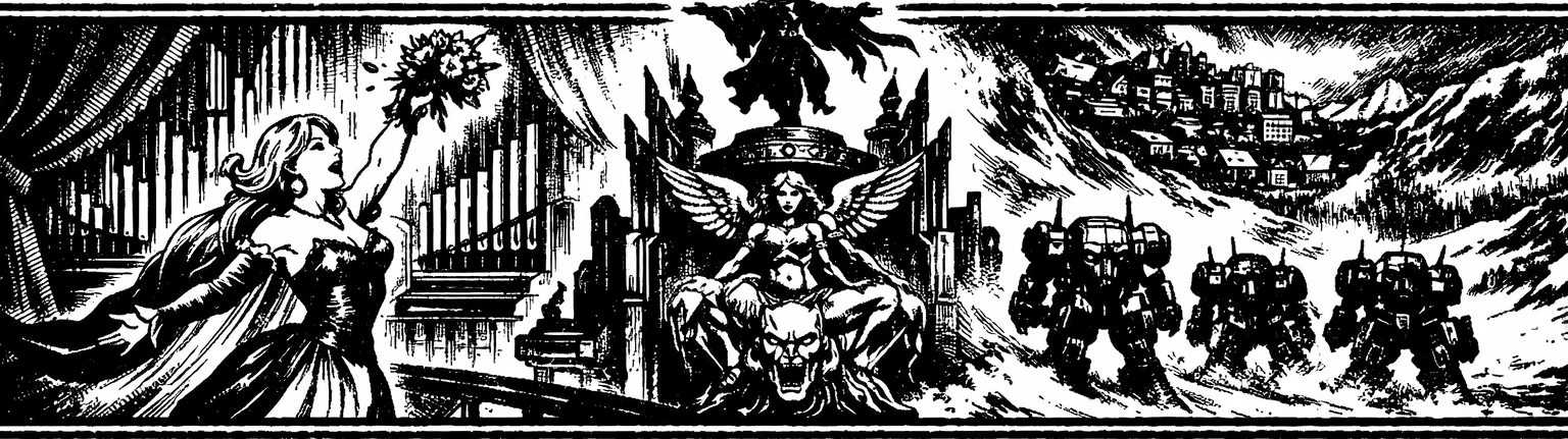 Ink frieze of the Jidoor opera stage, the Dancing Mad pipe organ, and the Statue of the Gods crowned by Kefka.