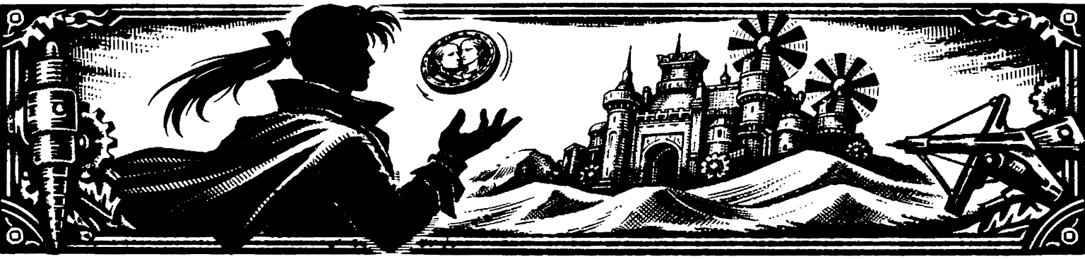 Ink frieze of Edgar in silhouette with his two-headed coin spinning mid-flip and the turbine-towered Figaro Castle half-sunk in the desert.