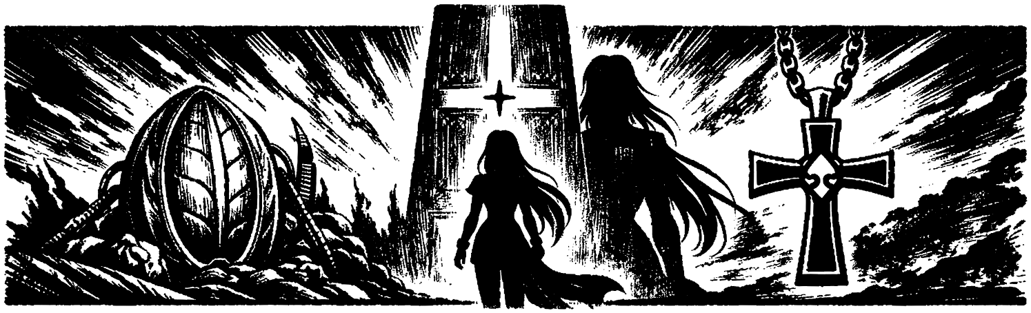 Ink frieze of Elly standing before the Zohar monolith, a second shadowed figure rising behind her, with the Kadomony pod and the Nisan cross among them