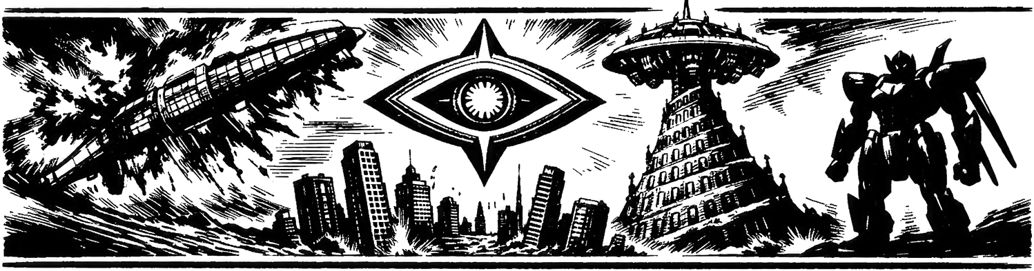 Ink frieze of the Eldridge breaking apart, the Zohar, the drowned towers of Zeboim, Babel Tower beneath Shevat, and Weltall in silhouette