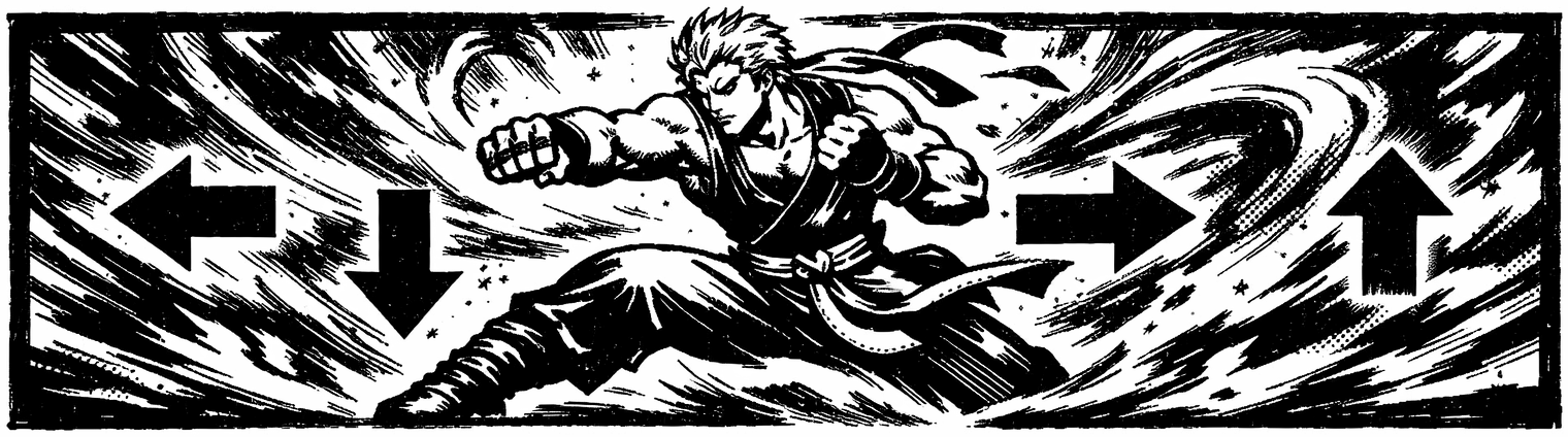 Ink frieze of Sabin mid-Blitz, directional command arrows streaking around him and the aura of Phantom Rush surging outward.