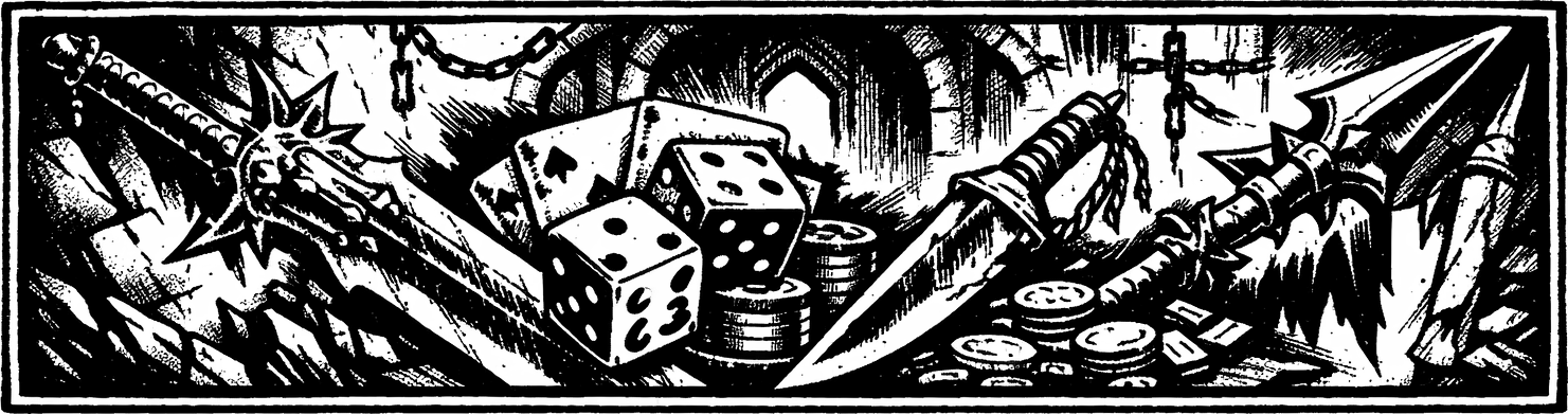 Ink frieze of Final Fantasy VI's ultimate weapons — a greatsword, a lance, a dagger, and a pair of dice arranged as an armory threshold.