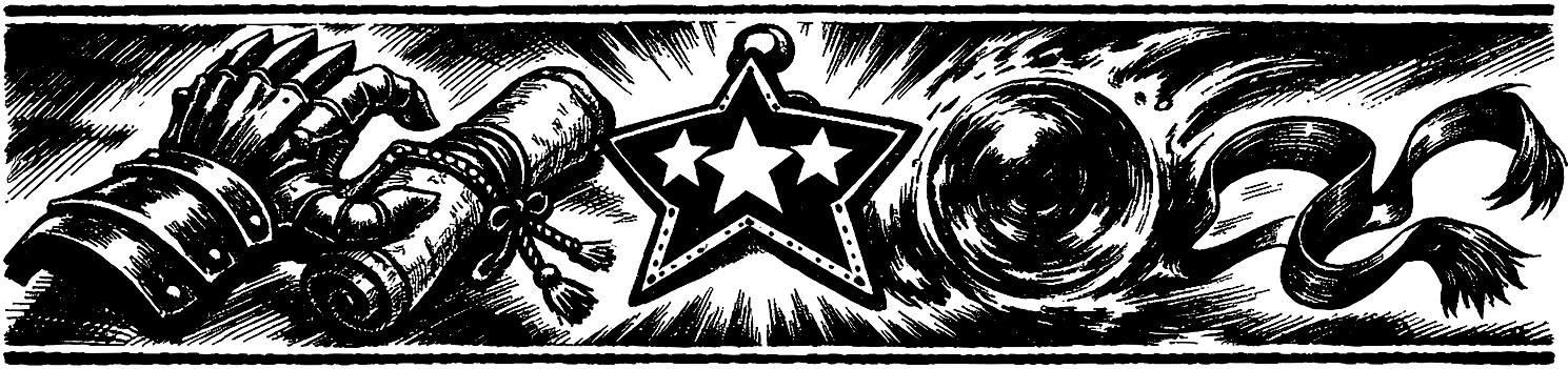 Ink frieze of Final Fantasy VI relics — a Genji Glove gauntlet, a Master's Scroll, the three-starred Celestriad, the Soul of Thamasa orb, and a trailing Ribbon.