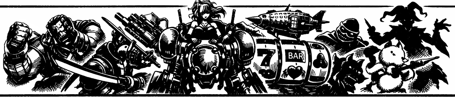 Ink frieze of the Final Fantasy VI cast - Terra's Magitek Armor, Setzer's slot reels and the Blackjack, Shadow and Interceptor, with Kefka looming at the edge.