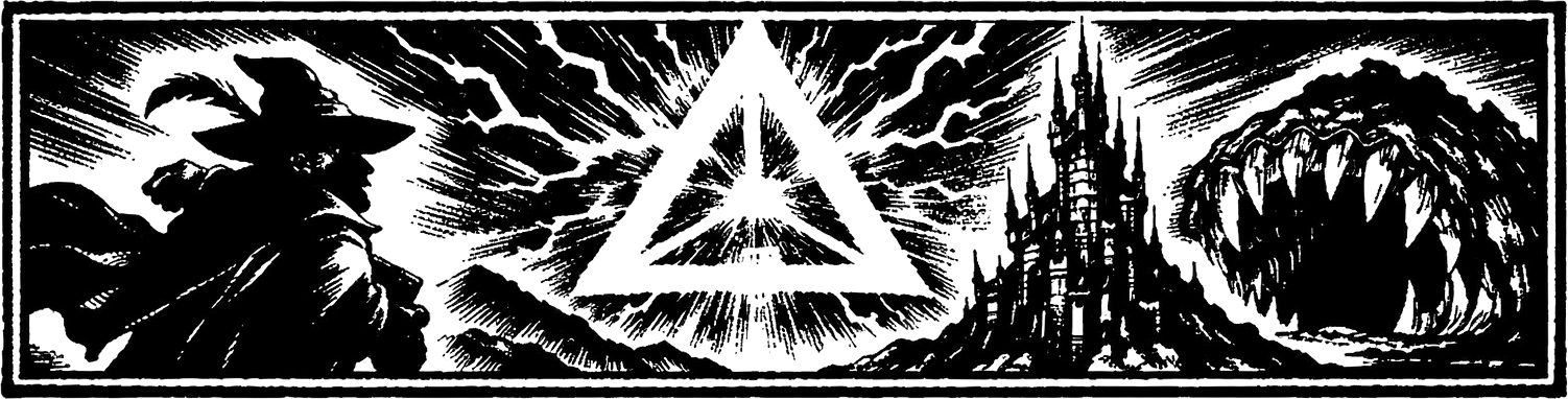 Ink frieze of Strago the Blue Mage in silhouette before the spires of Kefka's Tower, the triangular burst of Grand Delta, and Hidon's cave at Ebot's Rock