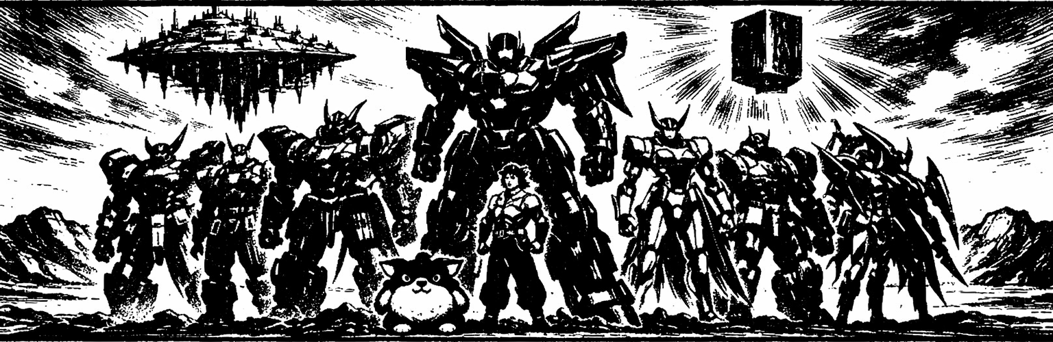 Ink frieze of the nine Xenogears Gears in rank, Weltall foremost, beneath the floating city of Shevat and the Zohar monolith
