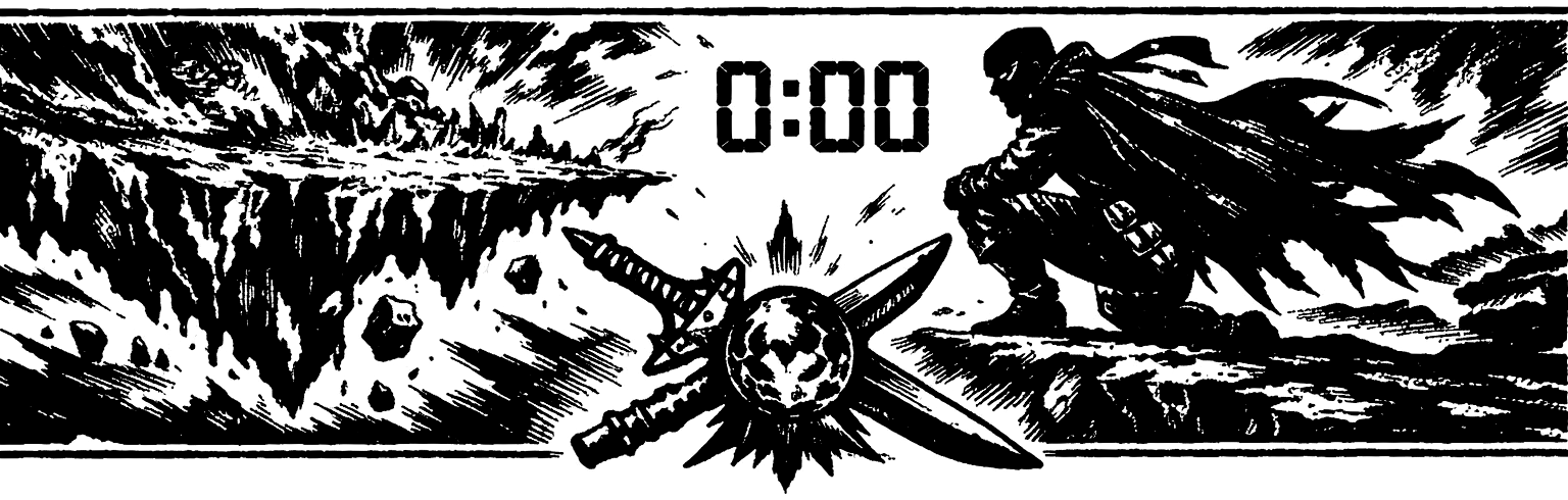 Ink frieze of the Floating Continent breaking apart, Shadow's silhouette at the jump point, and the Ragnarok sword and magicite crossed beneath