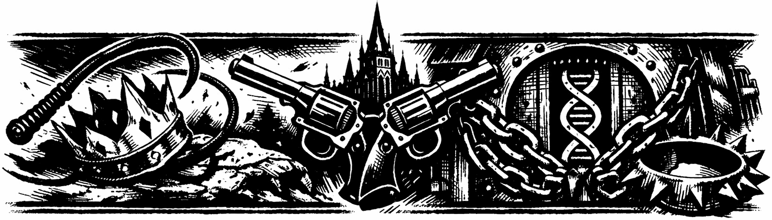 Ink frieze of Xenogears' three fatherless sons — Bart's whip and toppled crown, Billy's revolvers before the Ethos cathedral, and Rico's Battling collar at the sealed palace door of Nortune