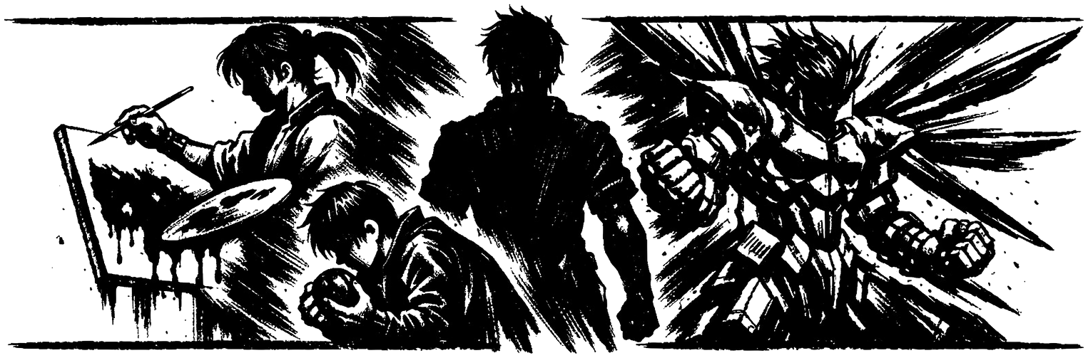 Ink frieze of Fei splitting into three selves: the painter with a brush, the hunched Coward, and the winged destroyer Id.