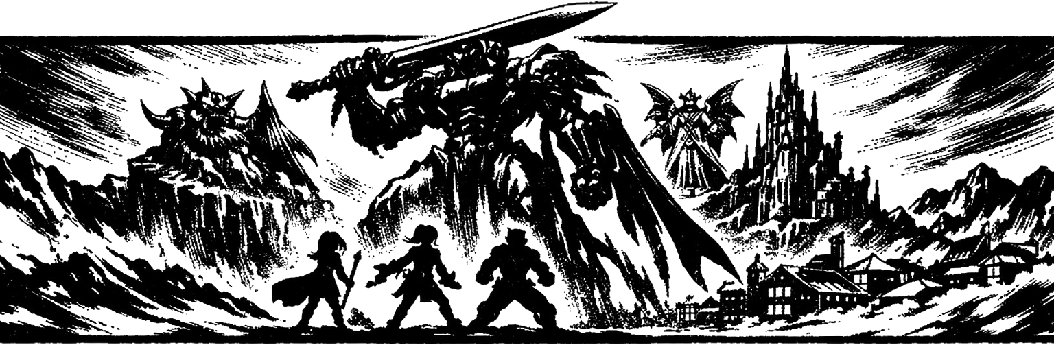 Ink frieze of Terra, Celes, and Sabin in silhouette, dwarfed at the foot of the towering Ultima Weapon with Kefka's Tower and the Warring Triad behind them