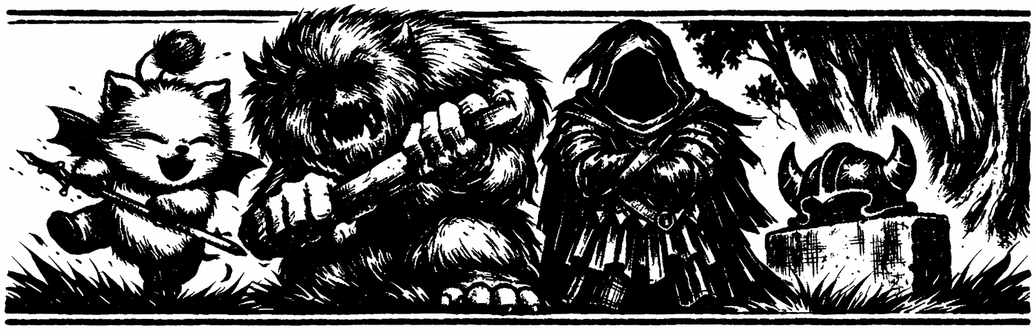 Ink frieze of a moogle mid-dance, a hulking yeti, a hooded mimic, and an empty general's helm on a grave marker.