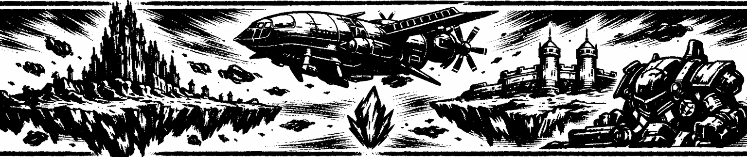 Ink frieze of the airship Falcon over the broken World of Ruin, with Kefka's Tower, a Magitek Armor, and Figaro Castle's turrets.