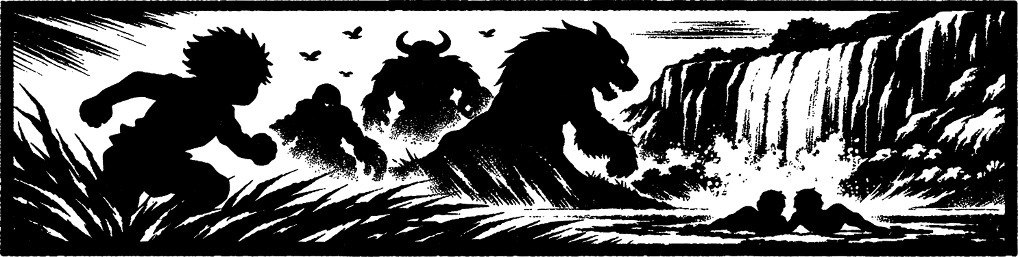 Ink frieze of Gau crouched in the tall grass of the Veldt, monster silhouettes roaming the plain and Baren Falls in the distance.