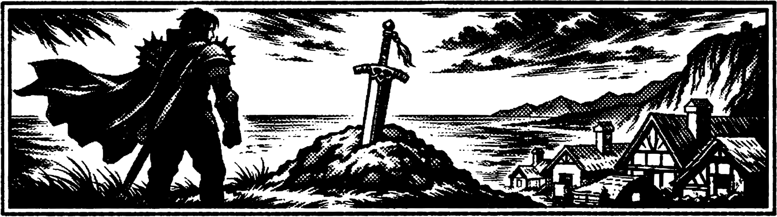 Ink frieze of General Leo's sword driven into his grave mound at Thamasa, the general standing in silhouette above the eastern sea cliff.