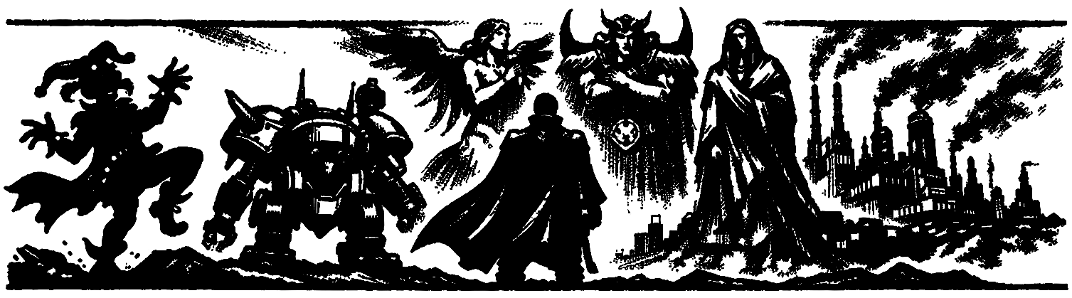 Ink frieze of the court jester Kefka, a Magitek Armor unit, a winged Esper, Emperor Gestahl cloaked before the horned Warring Triad, and the smoking spires of Vector