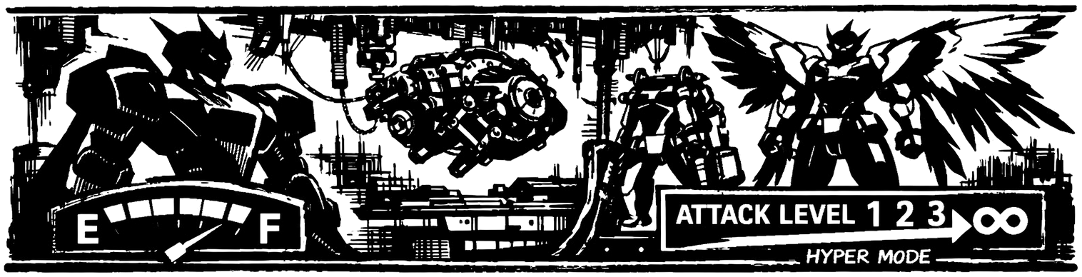 Ink frieze of Xenogears' Gear cockpit and garage - Weltall and its winged final form in silhouette with an engine, fuel gauge, and an Attack Level counter climbing to infinity.
