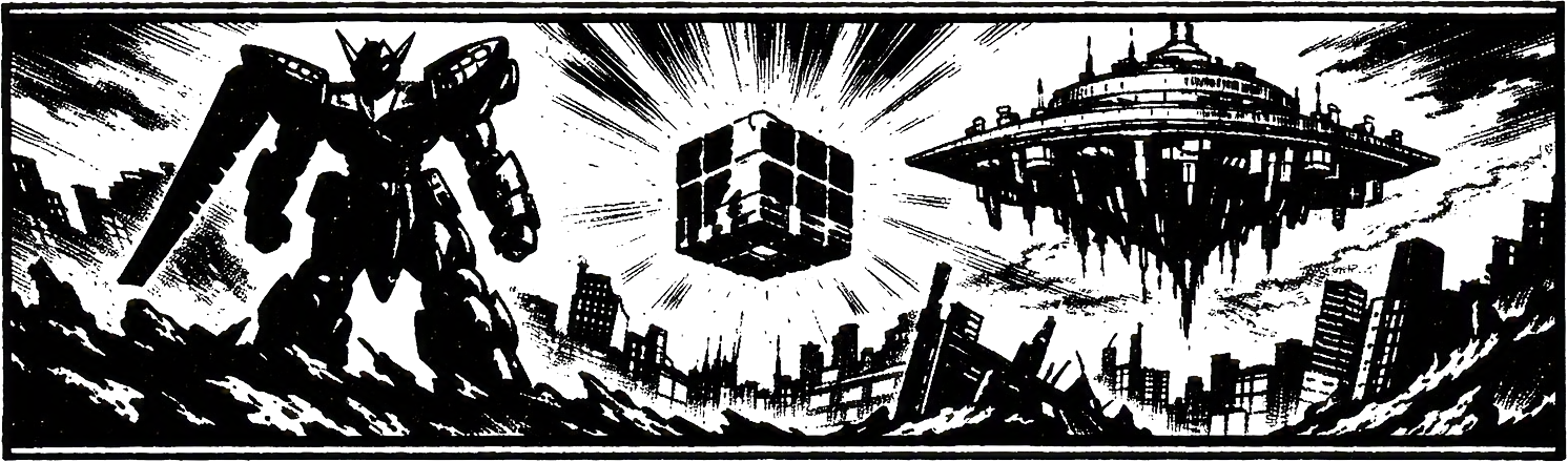 Ink frieze of the gear Weltall, a memory cube, and the floating city of Solaris above a broken skyline