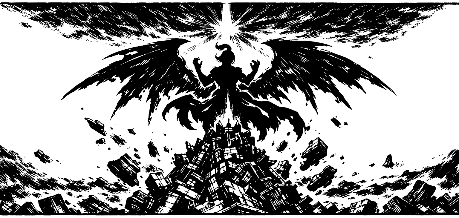 Ink frieze of Kefka's winged god-form laughing atop his tower of world-debris, with the three Warring Triad statues and the Light of Judgment lancing down over the ruined world.