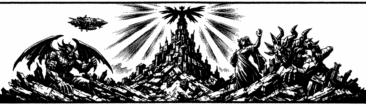 Ink frieze of Kefka's Tower rising from rubble, the three Warring Triad statues along its flanks, and Kefka's winged god-form silhouetted at the summit against the Light of Judgment.