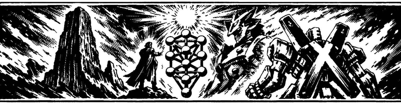 Ink frieze of the Zohar monolith and the Path of Sephirot, with the white gear Xenogears rising toward the light of the Wave Existence.