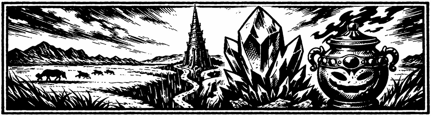 Ink frieze of the Veldt plain, the Cultists' Tower spire over the Serpent Trench, a Magicite crystal, and a Magic Urn.