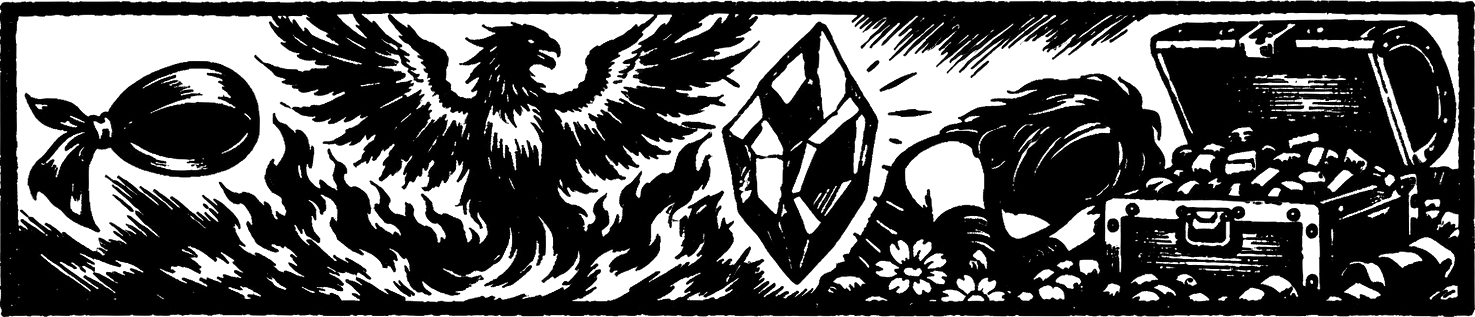 Ink frieze of the esper Phoenix rising over Locke's bandana, a cracked magicite shard, an open treasure chest, and Rachel resting among Kohlingen's flowers.