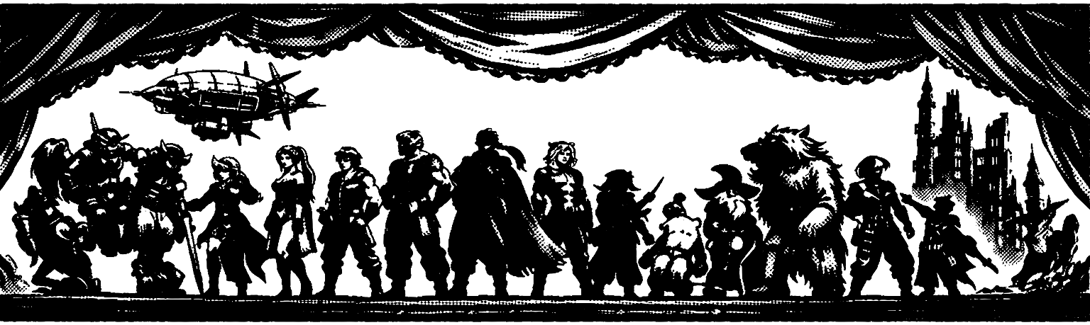 Ink frieze of Final Fantasy VI's fourteen Returners in silhouette across a stage-like band, with Magitek armor, an airship, and the Opera House curtain.