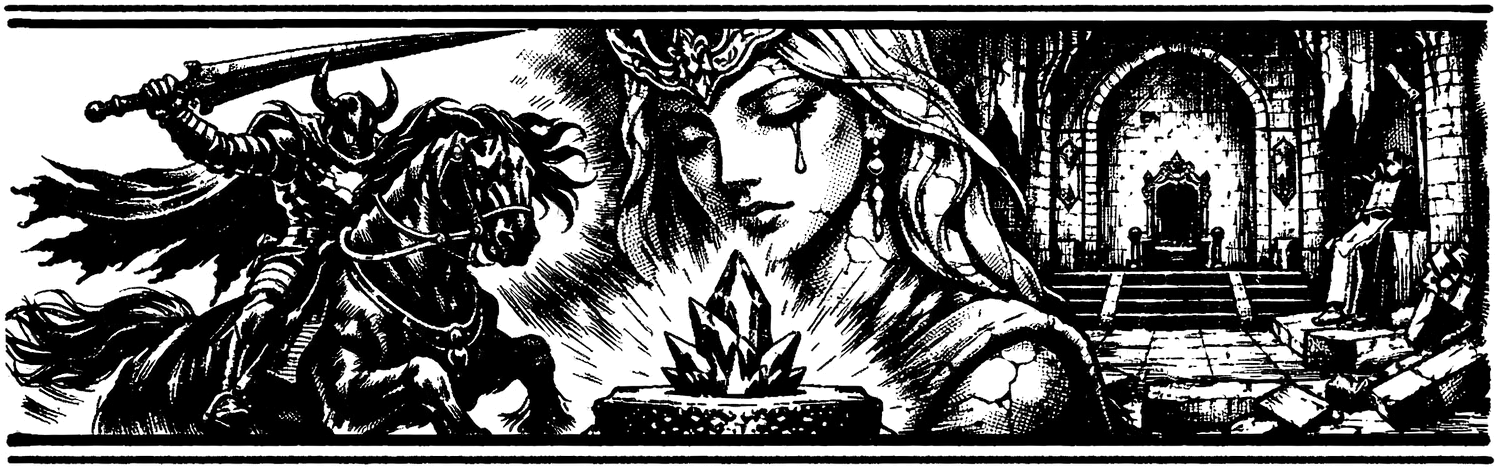 Ink frieze of Odin on horseback with the greatsword Zantetsuken and the Ancient Castle Queen's statue shedding a tear onto the magicite shard
