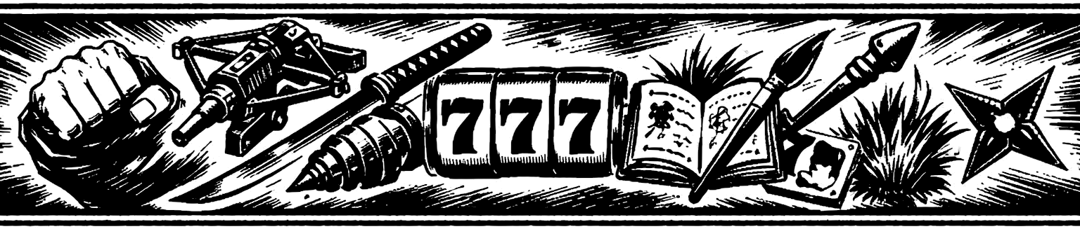 Ink frieze of Final Fantasy VI's command implements — Sabin's fist, Edgar's crossbow and drill, Cyan's katana, Setzer's 7-7-7 slot reels, Strago's spellbook, Relm's brush, Mog's spear, and a thrown shuriken.