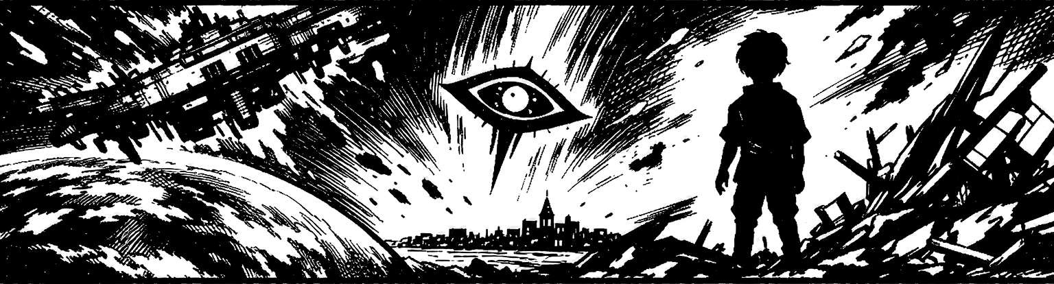 Ink frieze of the Eldridge breaking apart above a planet, the eye-shaped Zohar falling, and Abel alone in the wreckage