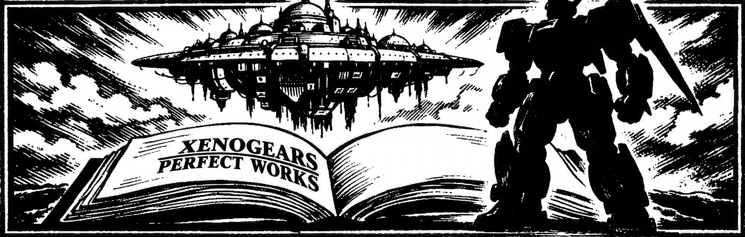 Ink frieze of the Perfect Works volume lying open, the floating nation of Solaris above it, and a Gear standing in silhouette over the book