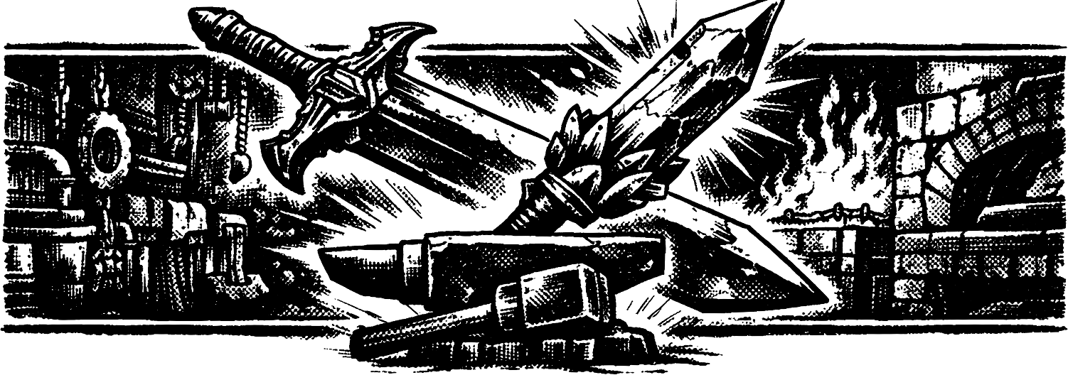 Ink frieze of the Ragnarok sword crossed with the Ragnarok magicite over a forge anvil.