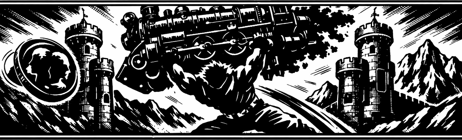 Ink frieze of Sabin suplexing the Phantom Train, with Figaro Castle's towers, the two-headed coin, and Mt. Kolts