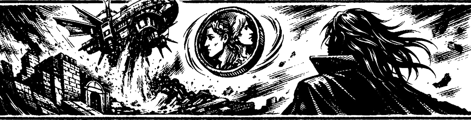 Ink frieze of the airship Falcon rising from the sea beneath Darill's Tomb, a spinning two-headed coin, and Setzer watching in silhouette