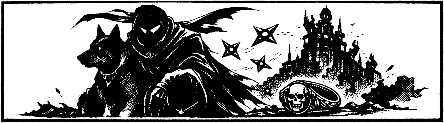 Ink frieze of Shadow in silhouette with his dog Interceptor, scattered shuriken, the Memento Ring, and the crumbling shape of Kefka's Tower behind them.