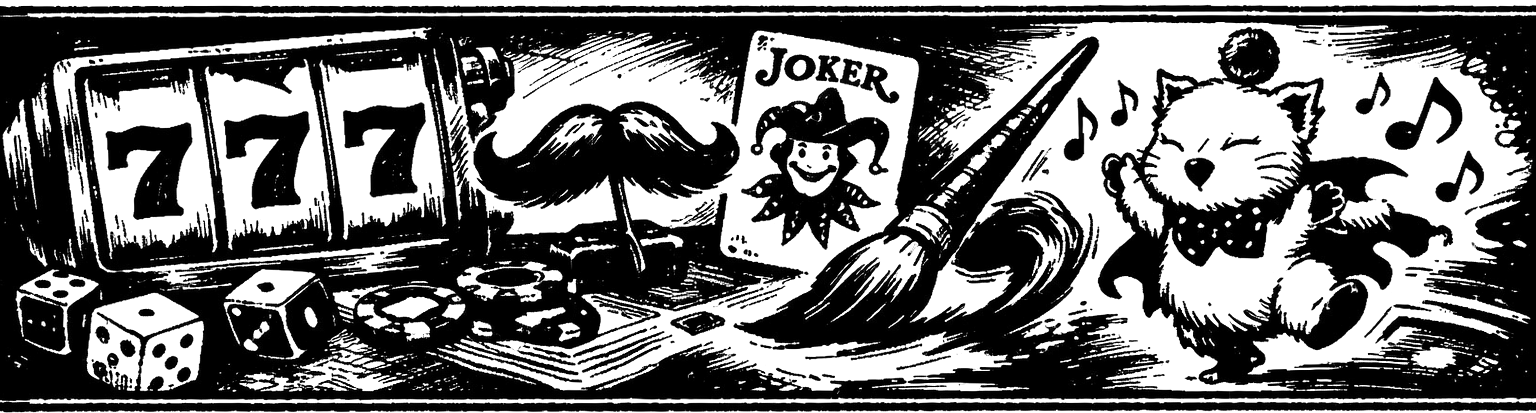 Ink frieze of Final Fantasy VI's gambler commands — Setzer's slot reels on triple 7, the Fake Moustache, Relm's brush, and Mog mid-dance over a card table.