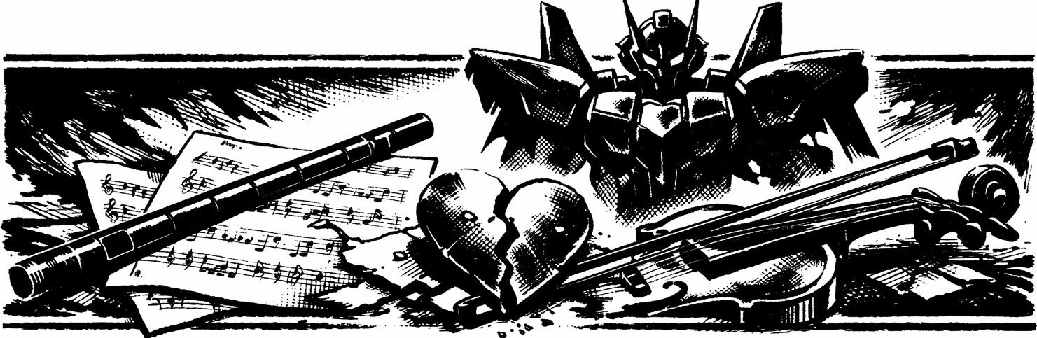 Ink frieze of the Xenogears music box, an Irish low whistle and fiddle on manuscript paper, two broken shards, and the Gear Weltall in silhouette.