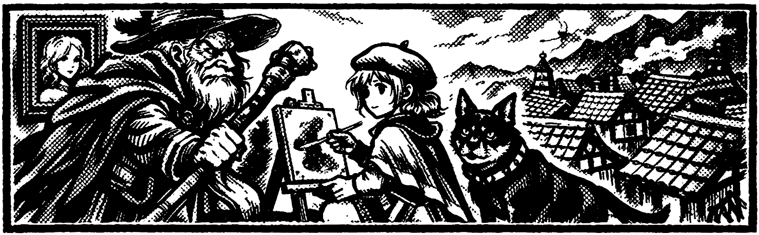 Ink frieze of Strago with his rod, Relm with her brush and canvas, Interceptor the dog, a framed portrait, and the rooftops of Thamasa.