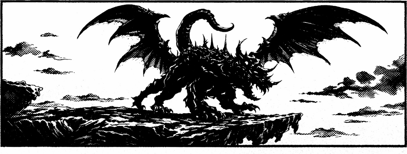 Ink frieze of Ultima Weapon, the six-limbed war machine, poised on the broken edge of Final Fantasy VI's Floating Continent.