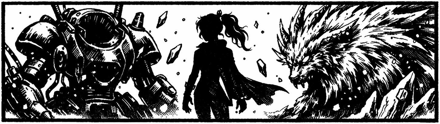 Ink frieze of Terra Branford in silhouette between an empty Magitek Armor suit and the frozen Esper of Narshe, with drifting magicite shards over snow.