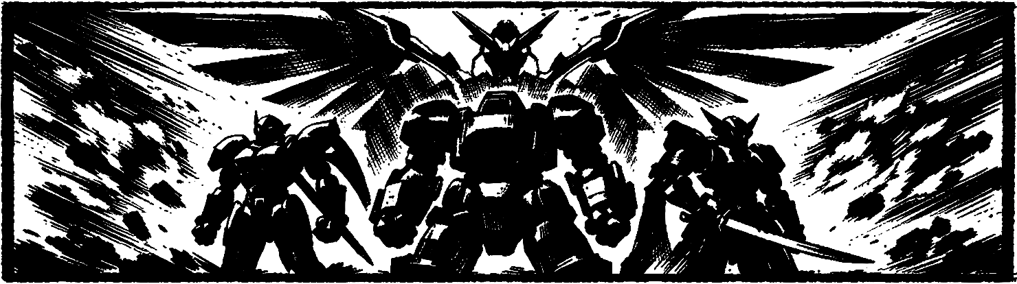 Ink frieze of the Xenogears Gears — Weltall, Seibzehn and Fenrir in a row with Xenogears rising behind.