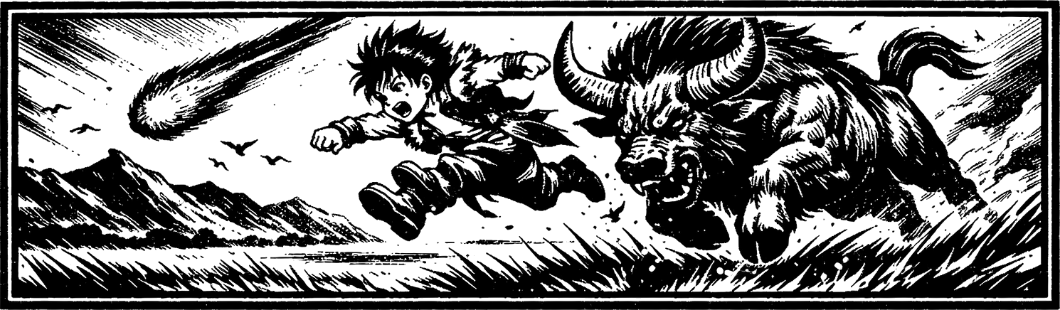 Ink frieze of Gau leaping across the Veldt beside a horned beast as a meteor falls.
