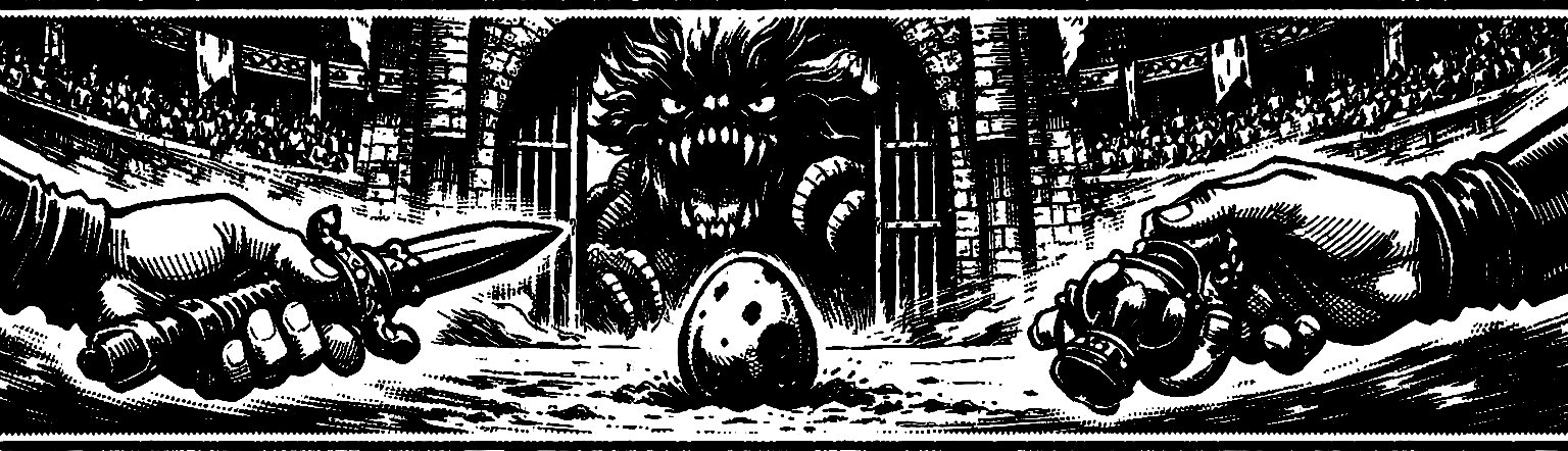 Ink frieze of the Dragon's Neck Coliseum — a wagered blade and relic passing across the arena sand toward a Growth Egg, with Typhon's silhouette looming behind the gate.