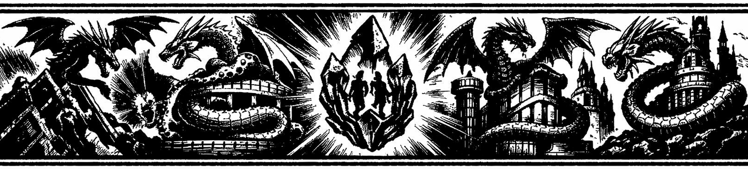 Ink frieze of Final Fantasy VI's eight legendary dragons ranged in silhouette around the Crusader magicite, with Mt. Zozo, the Cultists' Tower, and Kefka's Tower behind them.