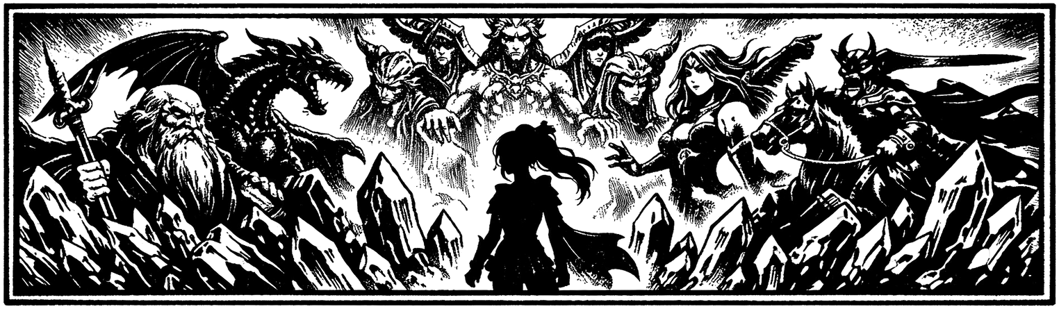 Ink frieze of Final Fantasy VI magicite crystals and the espers Ramuh, Bahamut and Odin with Terra in silhouette.