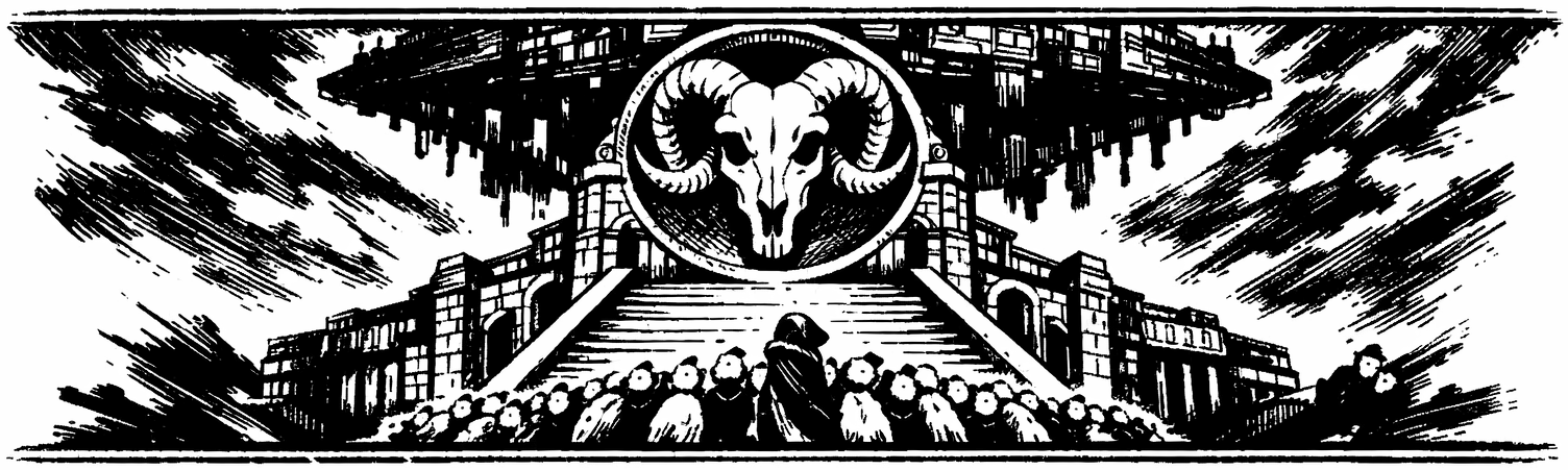 Ink frieze of the Ethos cathedral and its sheep emblem, a flock of Lambs beneath it and the shadow of Solaris above.