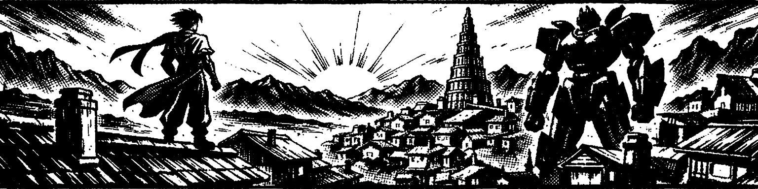 Ink frieze of a lone figure on a Lahan rooftop looking out over the 3D world of Xenogears, the Gear Weltall and the distant Babel Tower behind.